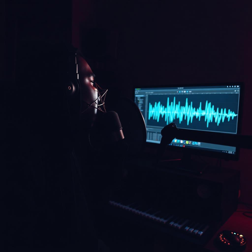 Rap artist recording vocals in dark home studio with Logic Pro waveform on screen