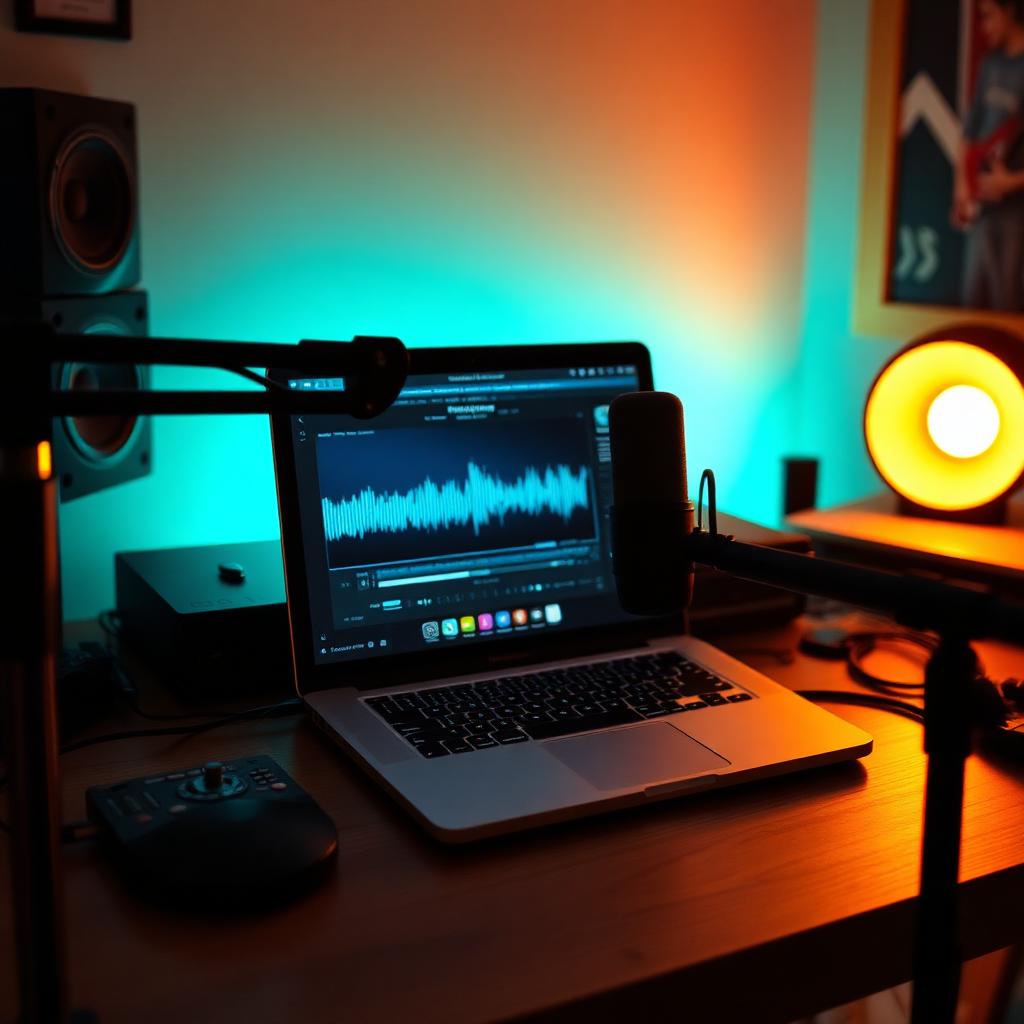 GarageBand on MacBook in home studio with vocal microphone and electric cyan waveform