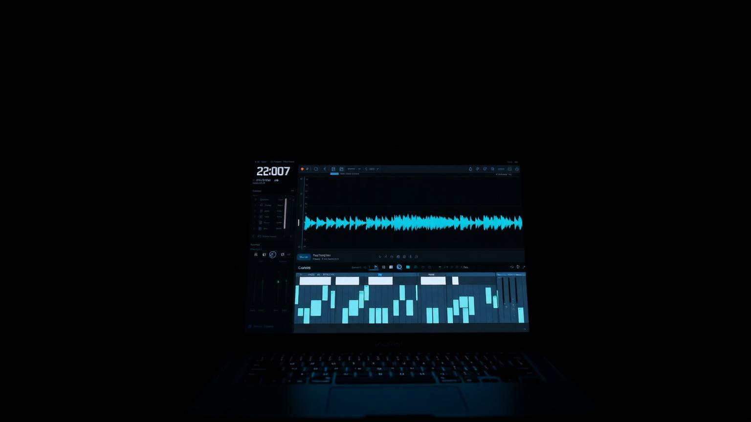 Logic Pro vocal mixing session on a MacBook with electric cyan waveform and stock plugin chain